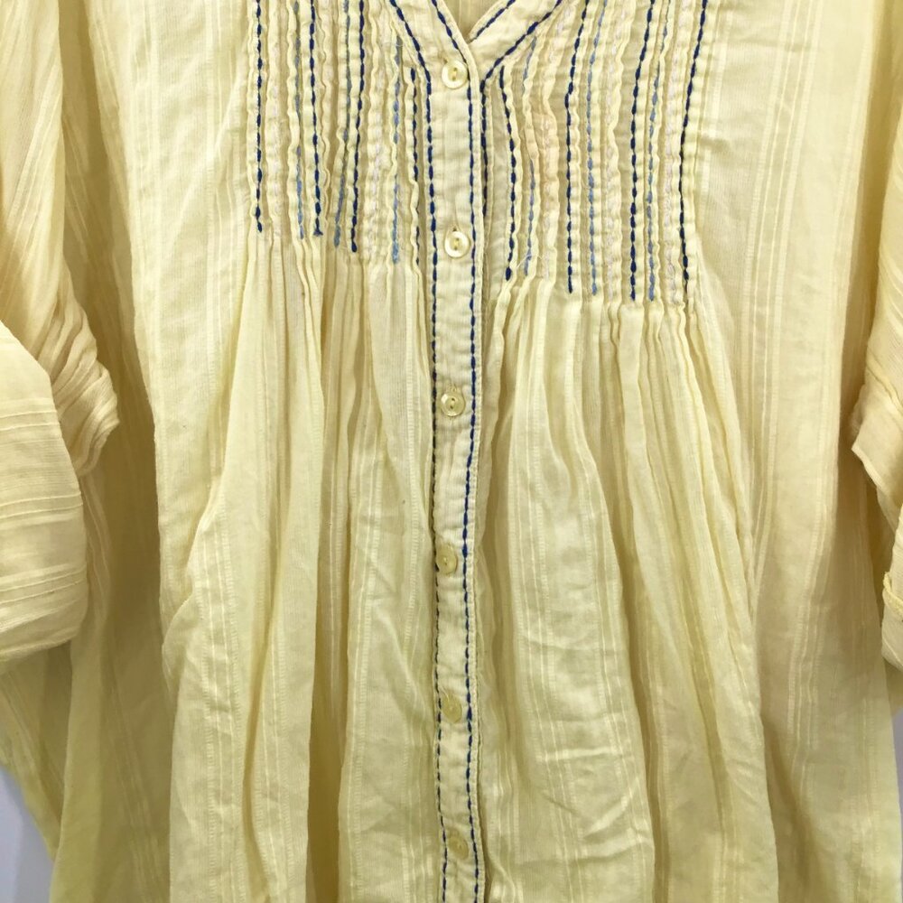 Gauzy Lemon Yellow Boho Top 32W Cotton Jacquard Embroidered Roll Tab Semi-Sheer - Picture 5 of 15